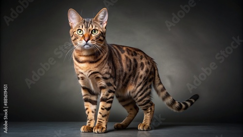 Wide shot of a California Spangled cat standing, studio portrait.