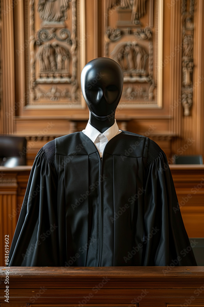 Naklejka premium Mannequin judge in a courtroom, symbolizing impartiality and fairness in the judicial system