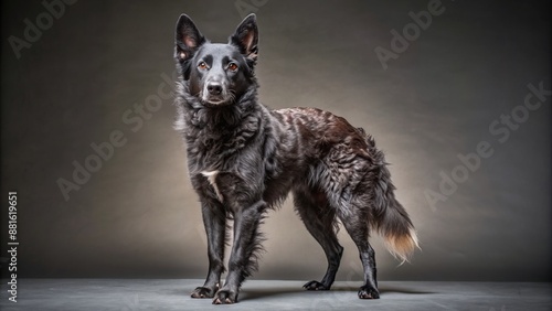 Wide shot of a Mudi standing, studio portrait. photo