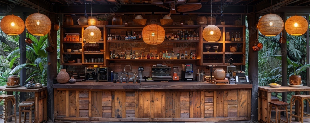 Cozy Rustic Outdoor Bar with Warm Lighting and Wooden Decor in Tropical Setting Cozy Rustic Outdoor Bar with Warm Lighting and Wooden Decor in Tropical Setting