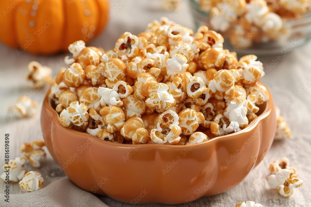 Caramel popcorn in a pumpkin-shaped bowl, retro, earthy tones, digital painting, cozy and inviting Caramel popcorn in a pumpkin-shaped bowl, retro, earthy tones, digital painting, cozy and inviting