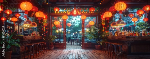 Cozy Outdoor Asian-Inspired Restaurant with Red Lanterns and Wooden Decor in Evening Light