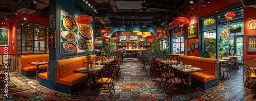 Vibrant and Cozy Modern Restaurant Interior with Colorful Decor and Comfortable Seating