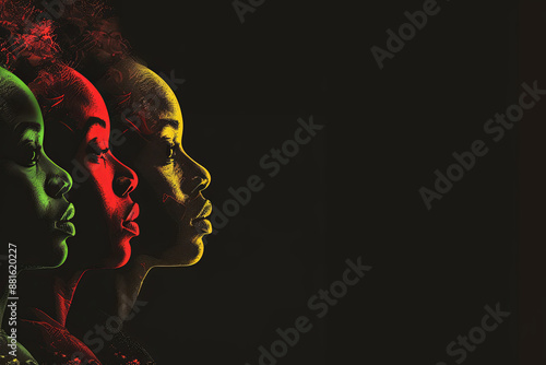 Black History Month background with African-American faces in profile in red, yellow, and green colors on a black background, celebrating Juneteenth, freedom day, racial equality, and human rights