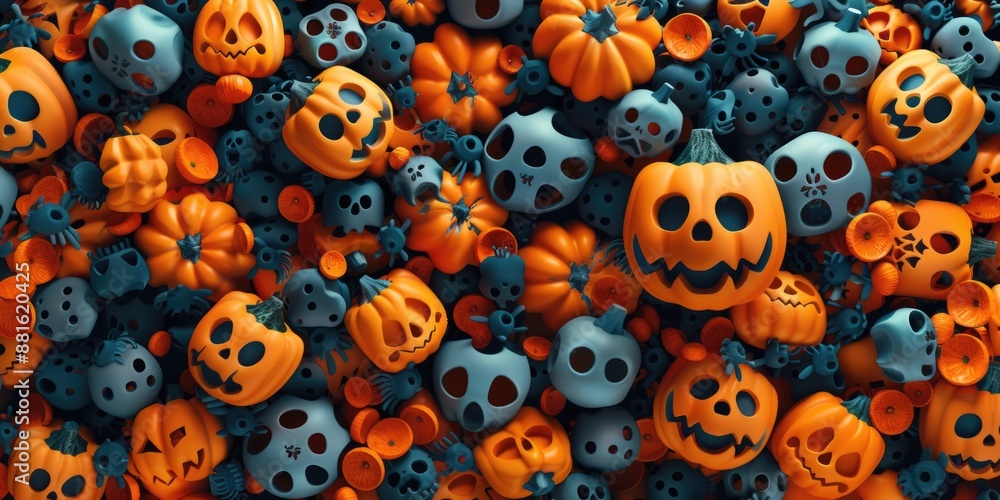 Bunch of orange and blue pumpkins with skulls on them Bunch of orange and blue pumpkins with skulls on them