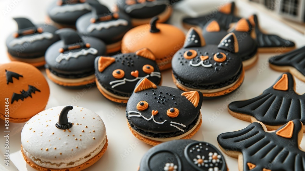 Witness a stylish arrangement of Halloween treats on a clean white surface, presenting black cat macarons, haunted house cookies, and vampire-themed cake slices. The composition shines with Witness a stylish arrangement of Halloween treats on a clean white surface, presenting black cat macarons, haunted house cookies, and vampire-themed cake slices. The composition shines with
