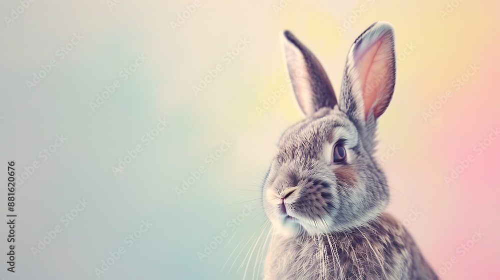 Macro of a pleased grey bunny against an alive pastel backdrop Macro of a pleased grey bunny against an alive pastel backdrop