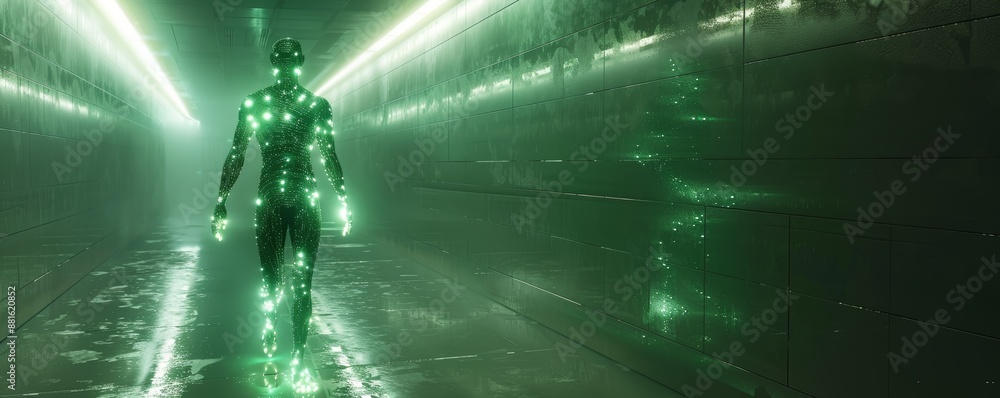 Futuristic Digital Human in Neon Green Light Walking Through a Sci-Fi Corridor Futuristic Digital Human in Neon Green Light Walking Through a Sci-Fi Corridor
