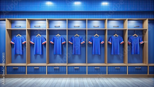 Football jerseys hanging on blue wall in locker room, football, jerseys, hanging, blue wall, locker room, sports photo