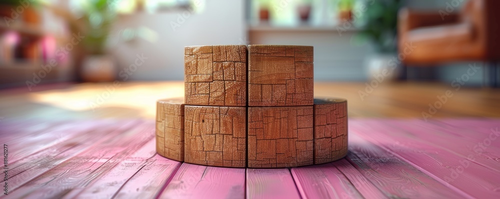 Wooden Blocks Arranged in an Upward Formation on a Colorful Wooden Floor in a Modern Interior Setting Wooden Blocks Arranged in an Upward Formation on a Colorful Wooden Floor in a Modern Interior Setting