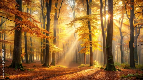 Misty autumn forest with golden light filtering through the trees, autumn, forest, morning, misty, golden light, foliage