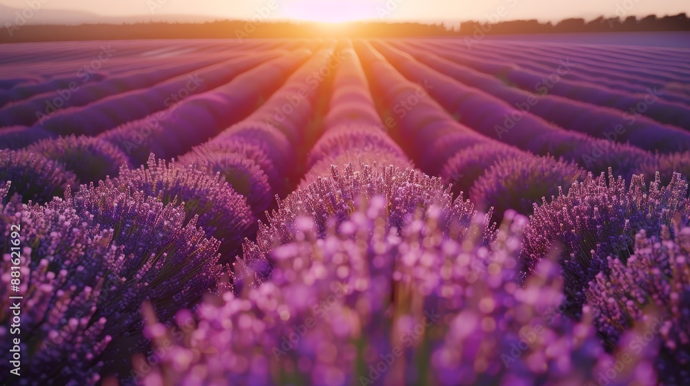 Fototapeta premium Expansive lavender fields in full bloom under a stunning sunset, showcasing the beauty and tranquility of the countryside.