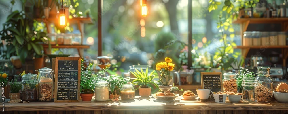 Cozy Modern Cafe Interior with Natural Light and Greenery, Featuring a Variety of Fresh Pastries and Beverages Cozy Modern Cafe Interior with Natural Light and Greenery, Featuring a Variety of Fresh Pastries and Beverages