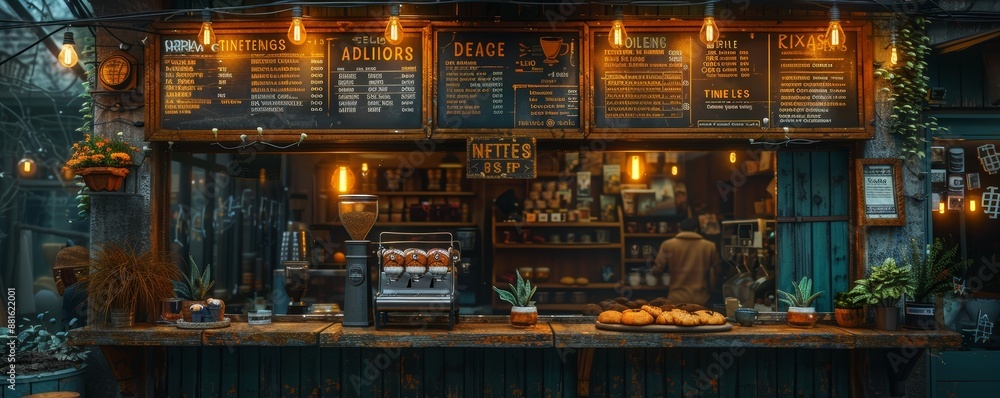 Cozy Outdoor Coffee Shop with Warm Lighting and Rustic Decor in a Lush Garden Setting