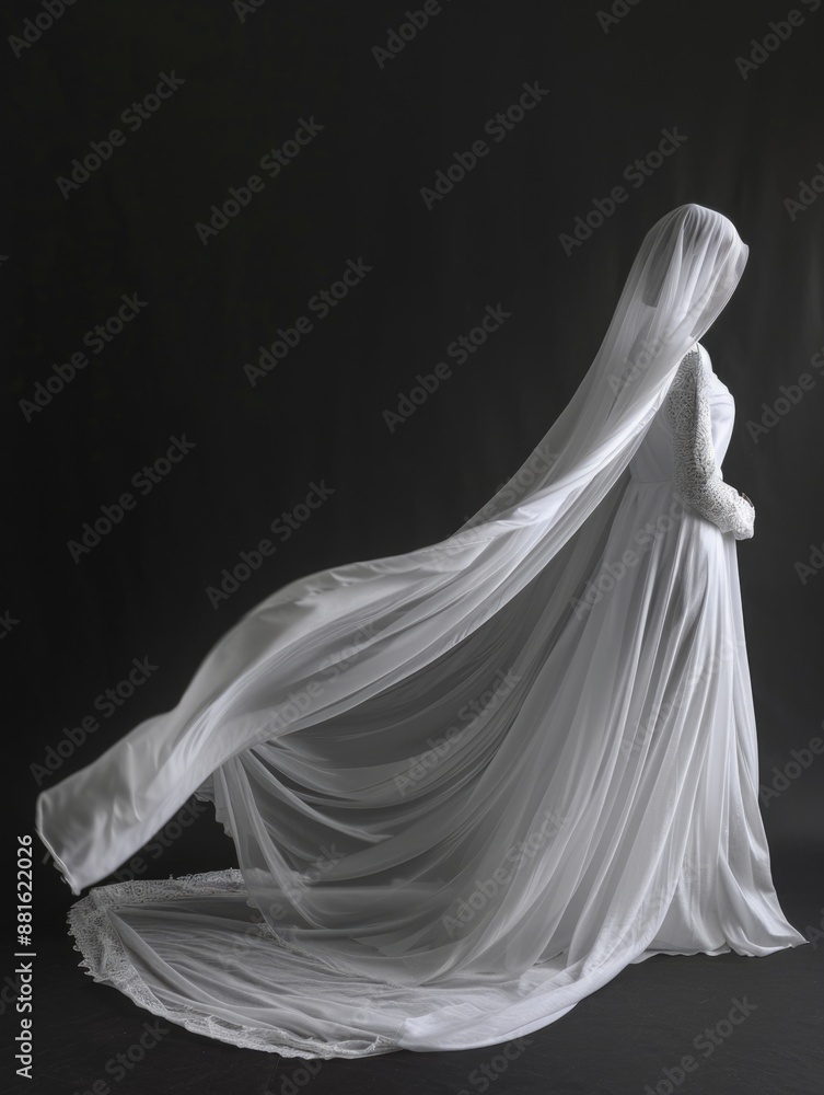 Woman in white dress with veil is standing in front of black background Woman in white dress with veil is standing in front of black background