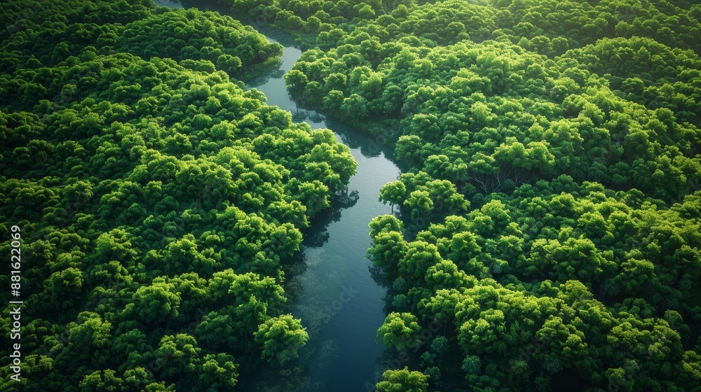 Aerial View of Nature Forest and River in Summer, dense canopy with winding river Aerial View of Nature Forest and River in Summer, dense canopy with winding river