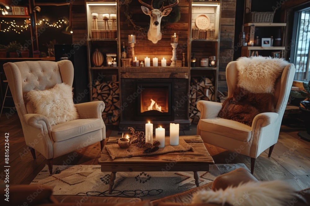 Cozy living room with fireplace and two white chairs Cozy living room with fireplace and two white chairs