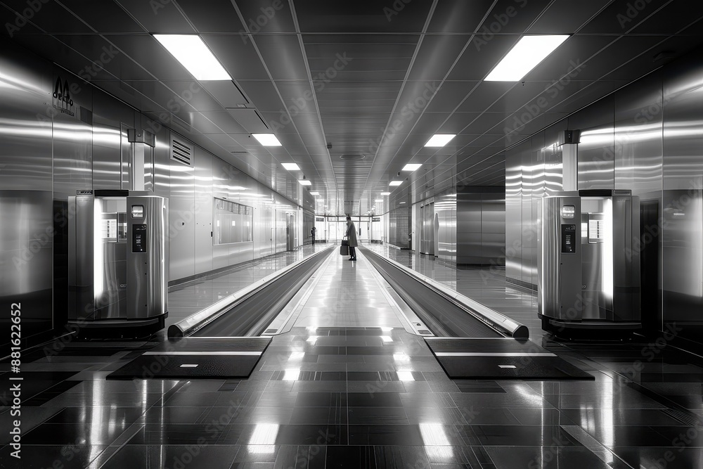 Fototapeta premium Depicts the stillness and inactivity of a security checkpoint, highlighting the absence of travelers and the heightened sense of security.
