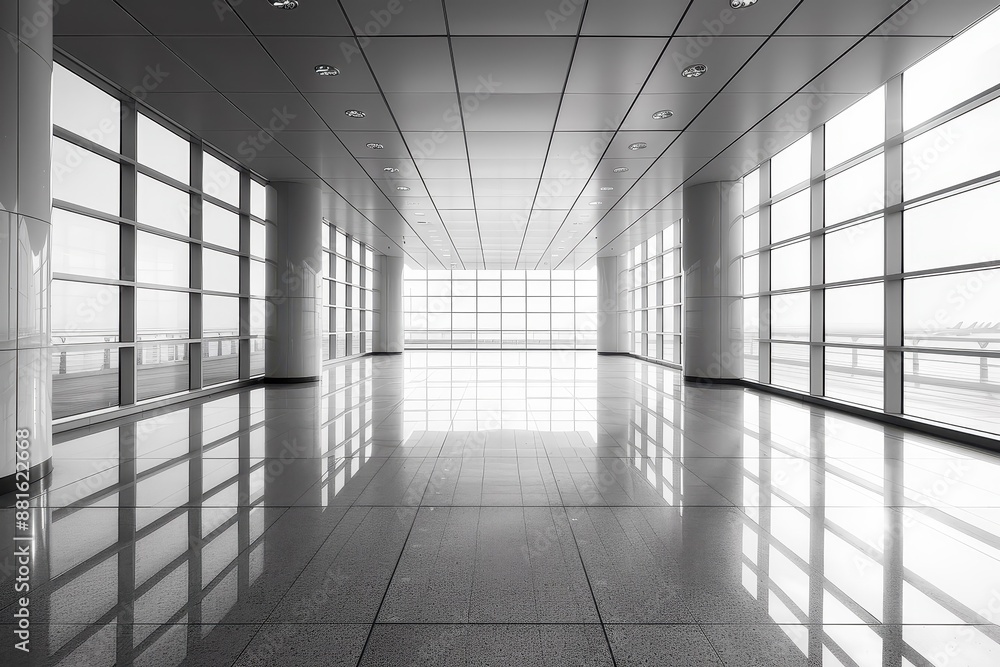 Emphasizes the stark beauty and emptiness of an airport terminal through a minimalist black and white photograph. Emphasizes the stark beauty and emptiness of an airport terminal through a minimalist black and white photograph.
