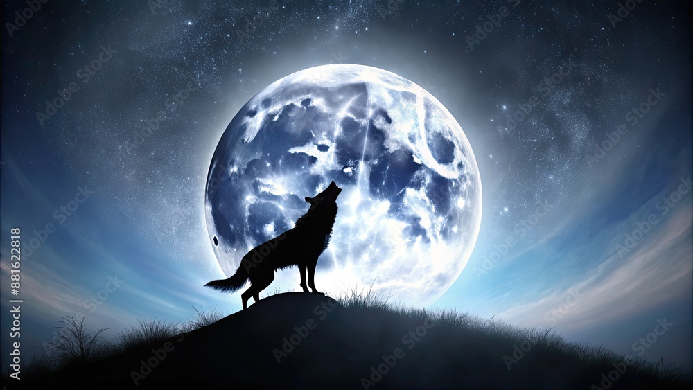 Silhouette of a wolf howling at the full moon, wolf, silhouette, moon, night, nature, wildlife, spooky, mystery, shadow, concept Silhouette of a wolf howling at the full moon, wolf, silhouette, moon, night, nature, wildlife, spooky, mystery, shadow, concept