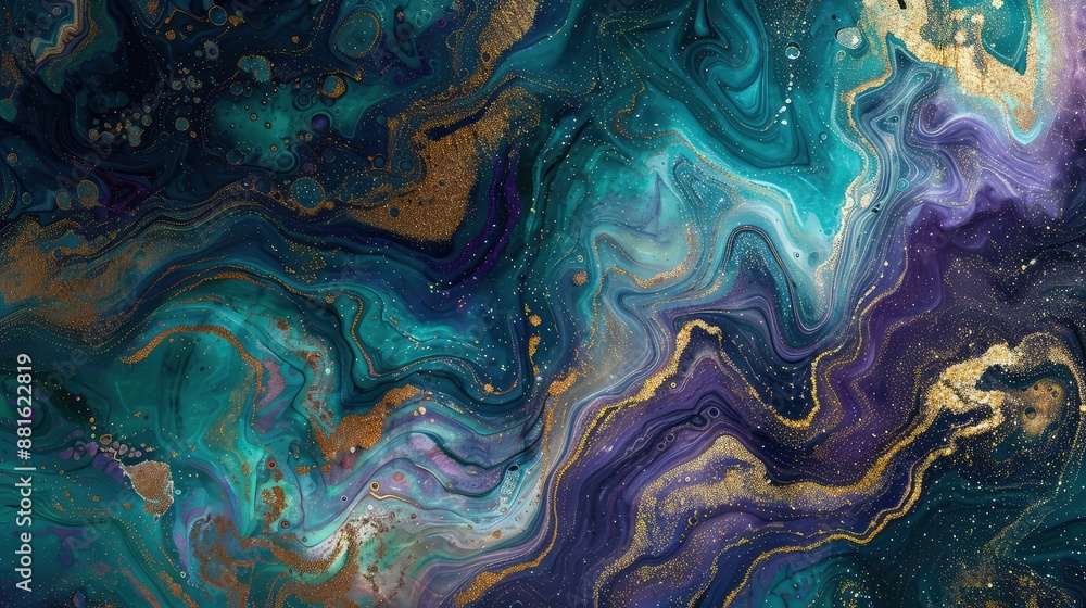 The serene beauty of a cosmic landscape where gold foil rivers meander through a marbled terrain of deep blues, purples, and hints of emerald green. The serene beauty of a cosmic landscape where gold foil rivers meander through a marbled terrain of deep blues, purples, and hints of emerald green.