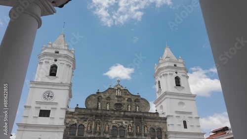 Historic Metropolitan Cathedral Basilica of Santa Maria in old town of Panama City, Tilt down shot photo