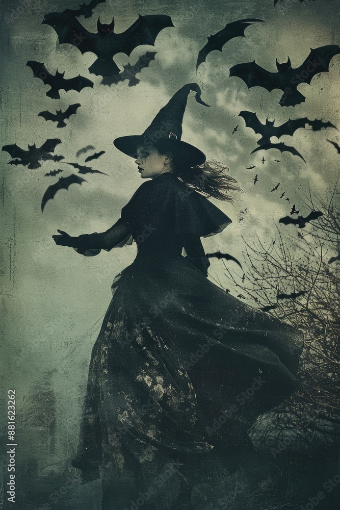 Fototapeta premium Woman in witch costume is surrounded by bats
