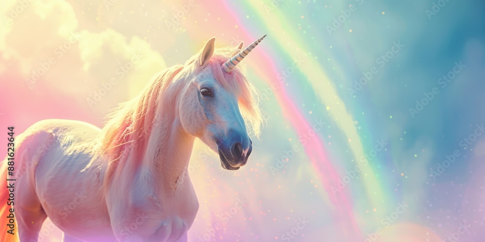 Unicorn stands in front of rainbow Unicorn stands in front of rainbow