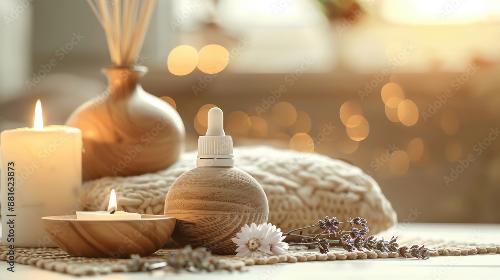 Aromatherapy setup with essential oils and a diffuser, warm tones Aromatherapy setup with essential oils and a diffuser, warm tones