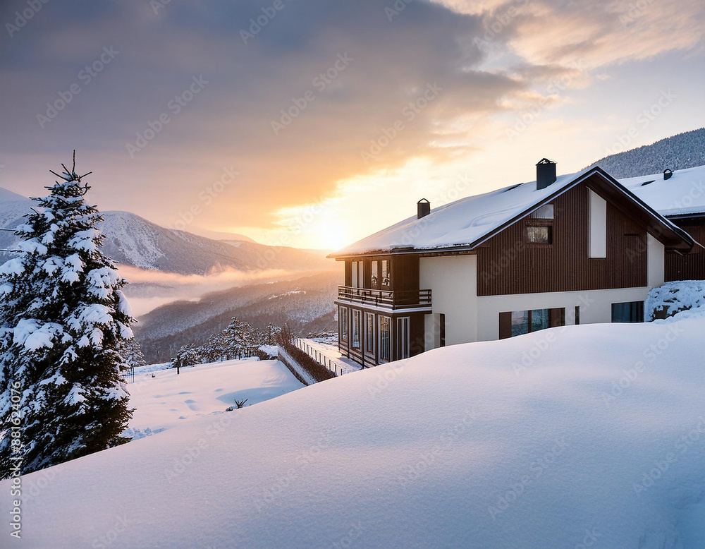 house with mountain background during snowy weather house with mountain background during snowy weather