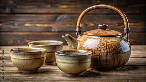 Traditional Hagi ware tea set (kyusu and chawan) with cracked glaze and natural earthy tones, Hagi yaki photo