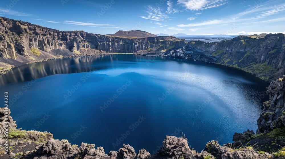 The surreal beauty of a volcanic crater lake, its waters a deep blue, surrounded by the rugged terrain of ancient lava flows. The surreal beauty of a volcanic crater lake, its waters a deep blue, surrounded by the rugged terrain of ancient lava flows.
