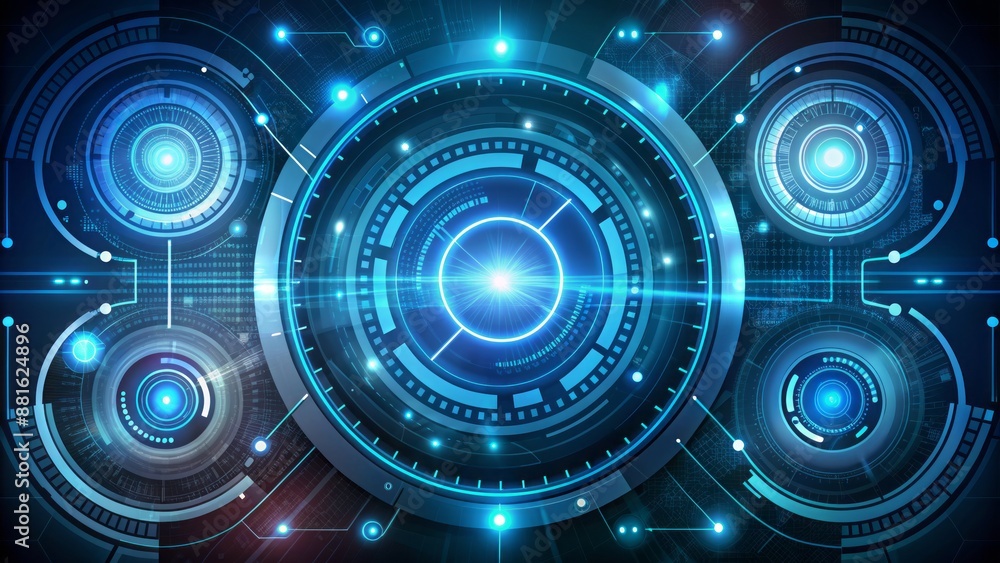 Futuristic circular user interface featuring glowing heads-up display rounds, sci-fi dashboard elements, and modern technology vector illustration. Futuristic circular user interface featuring glowing heads-up display rounds, sci-fi dashboard elements, and modern technology vector illustration.