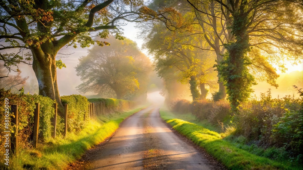 Peaceful country lane shrouded in gentle mist with a radiant ambiance , serene, tranquil, nature, misty, foggy, calm Peaceful country lane shrouded in gentle mist with a radiant ambiance , serene, tranquil, nature, misty, foggy, calm