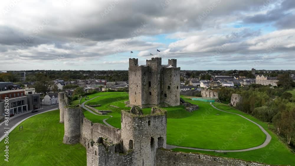 Trim Castle, County Meath, Ireland, October 2023. Drone orbital ascent counter clockwise of stunning Medieval Stronghold on cloudy day, historic walls and towers in countryside. Trim Castle, County Meath, Ireland, October 2023. Drone orbital ascent counter clockwise of stunning Medieval Stronghold on cloudy day, historic walls and towers in countryside.