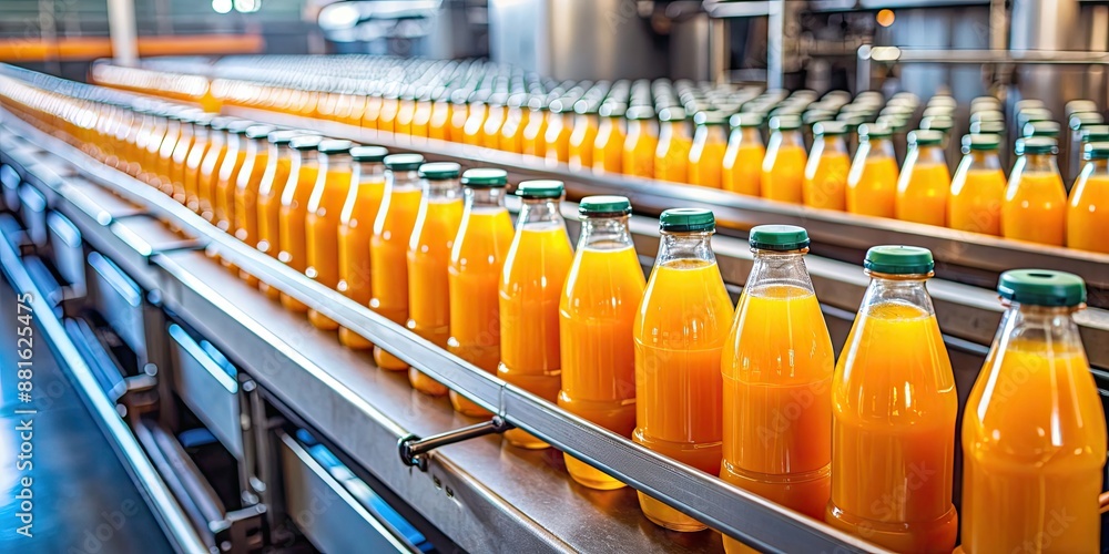 Orange juice bottles moving on conveyor belt, conveyor belt, orange juice, production line, manufacturing Orange juice bottles moving on conveyor belt, conveyor belt, orange juice, production line, manufacturing
