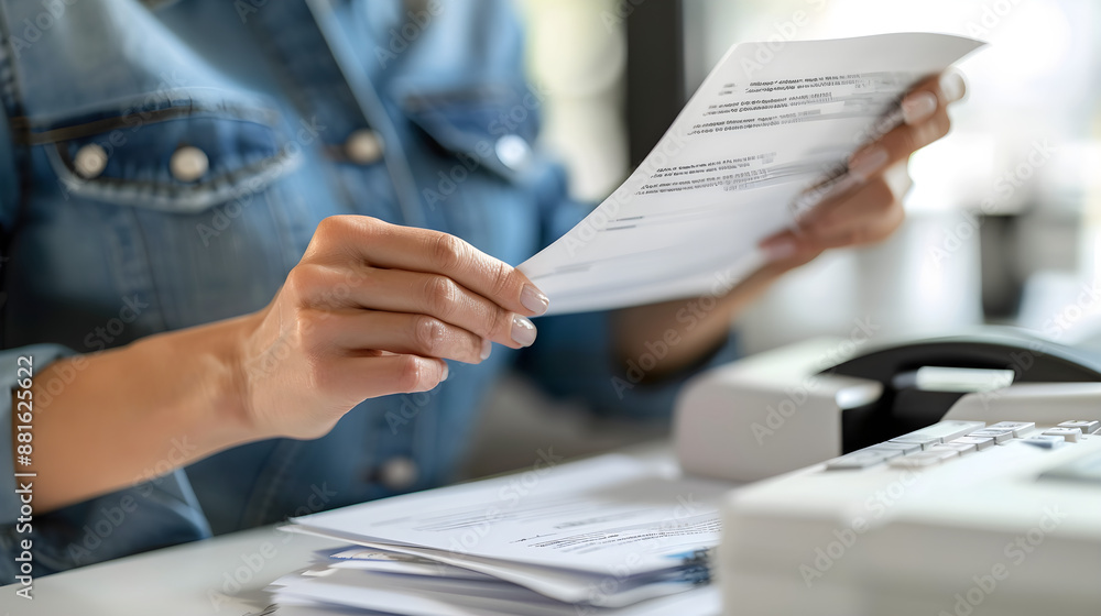 A person in office attire sending a fax message on a traditional fax machine. A person in office attire sending a fax message on a traditional fax machine.