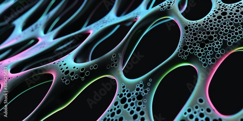 Flowing organic shapes on a black background with neon bluegreenpink glow around the edges when closeup With hyperrealistic visualization created with octane The black background depicts a liquid with photo