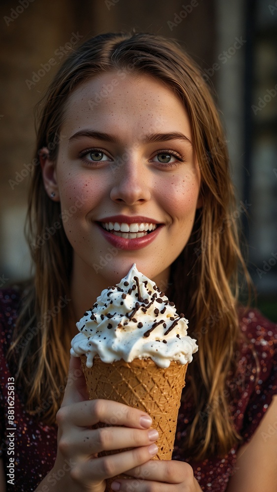 Smiling happy woman with desert Smiling happy woman with desert