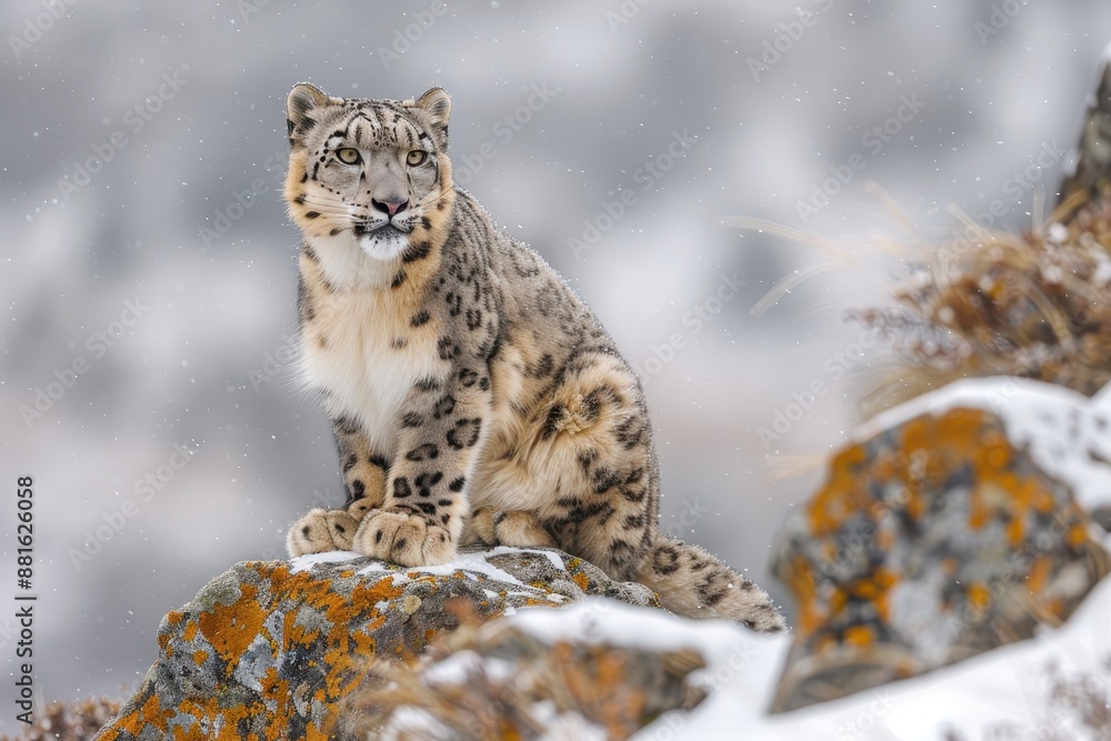 A snow leopard gracefully perched on a rocky ledge in the Himalayas, its thick fur blending with the snowy landscape. A snow leopard gracefully perched on a rocky ledge in the Himalayas, its thick fur blending with the snowy landscape.