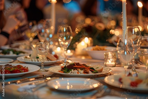 A long dinner table set for a party with a large candelabra, small bowl, and plates with napkins, captured in focus with people in the background. Photographed using Kodak film © Yi