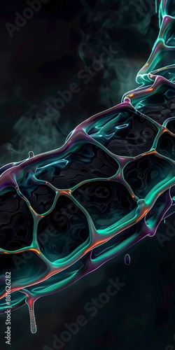 Closeup of organic shape on black background thick spreading smoke with neon bluegreenorange color on edges shape with surface dispersion and oil With hyperrealistic visualization created with SideFX photo