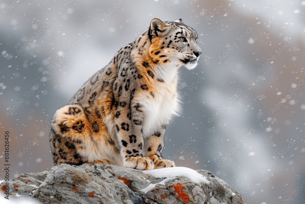 A snow leopard gracefully perched on a rocky ledge in the Himalayas, its thick fur blending with the snowy landscape. A snow leopard gracefully perched on a rocky ledge in the Himalayas, its thick fur blending with the snowy landscape.