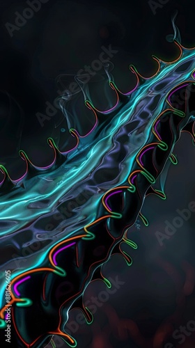 Closeup of organic shape on black background thick spreading smoke with neon bluegreenorange color on edges shape with surface dispersion and oil With hyperrealistic visualization created with SideFX photo