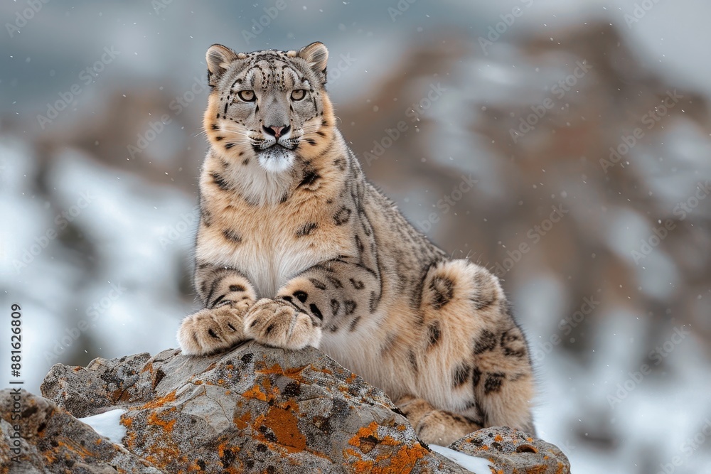 A snow leopard gracefully perched on a rocky ledge in the Himalayas, its thick fur blending with the snowy landscape. 