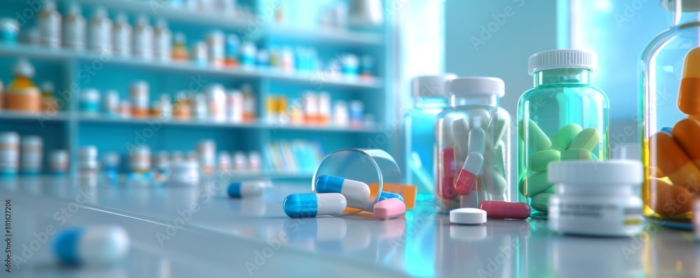 Detailed Pharmacy Counter Display of Flu Medications with Customer Interaction in High Resolution Detailed Pharmacy Counter Display of Flu Medications with Customer Interaction in High Resolution