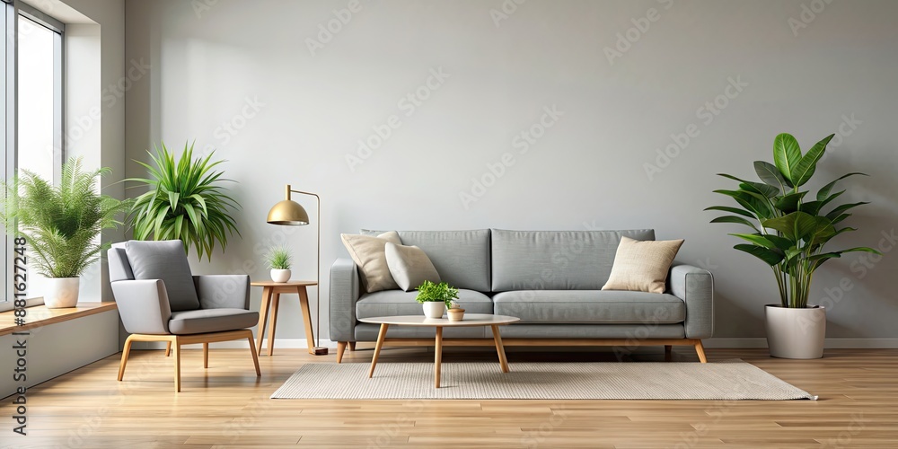 Modern living room with a comfortable couch and chair, featuring a beautiful plant in the corner