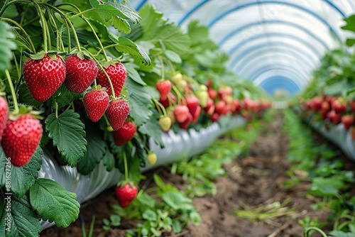 Rows of ripe strawberries hanging on plants in a greenhouse, showcasing fresh, vibrant produce ready for harvest.