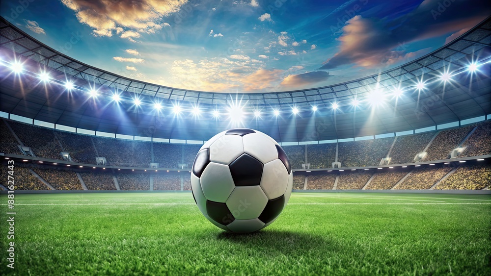 Fototapeta premium Soccer ball on green stadium field , soccer, football, sports, pitch, arena, game, competition, outdoor, grass, goal, match