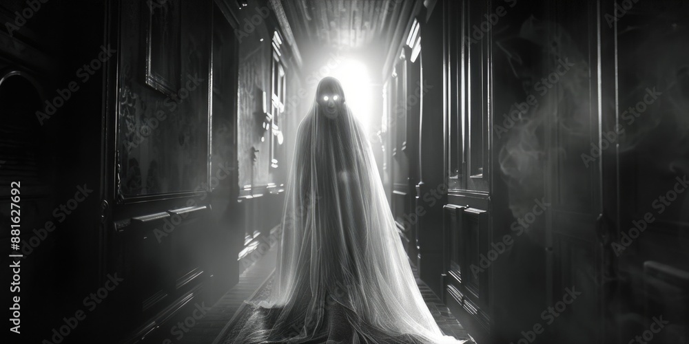 Ghostly figure stands in dark hallway with smoke and fog Ghostly figure stands in dark hallway with smoke and fog